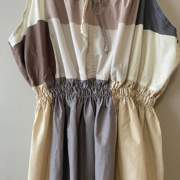 Handmade Plus Size Cotton Neutrals Brown Beige Patchwork Elastic Straps Dress - Picture 4 of 9